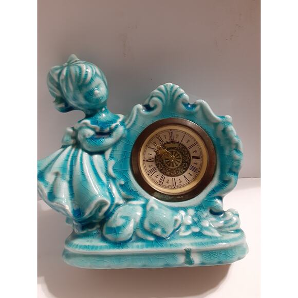 Vintage German Wind Up Clock with Girl in Dress Robin Egg Blue Made in Germany - Picture 5 of 10